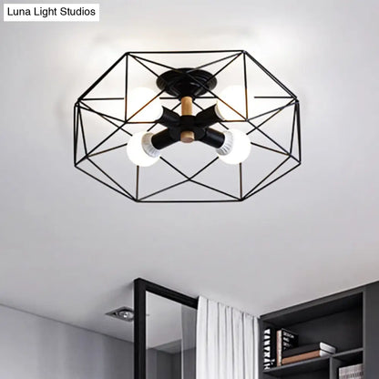 DecorBites™ Caged Opal Glass Semi Mount Industrial Ceiling Light in Black/White - 3/4/5 Bulb Living Room Lighting
