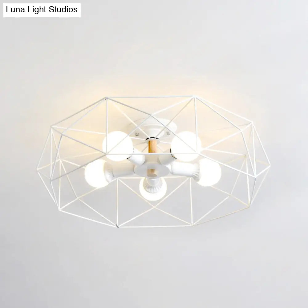 DecorBites™ Caged Opal Glass Semi Mount Industrial Ceiling Light in Black/White - 3/4/5 Bulb Living Room Lighting