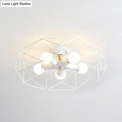 DecorBites™ Caged Opal Glass Semi Mount Industrial Ceiling Light in Black/White - 3/4/5 Bulb Living Room Lighting