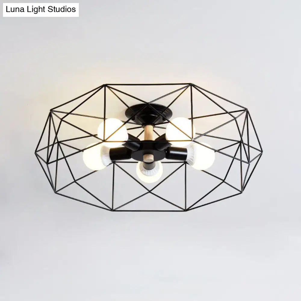 DecorBites™ Caged Opal Glass Semi Mount Industrial Ceiling Light in Black/White - 3/4/5 Bulb Living Room Lighting
