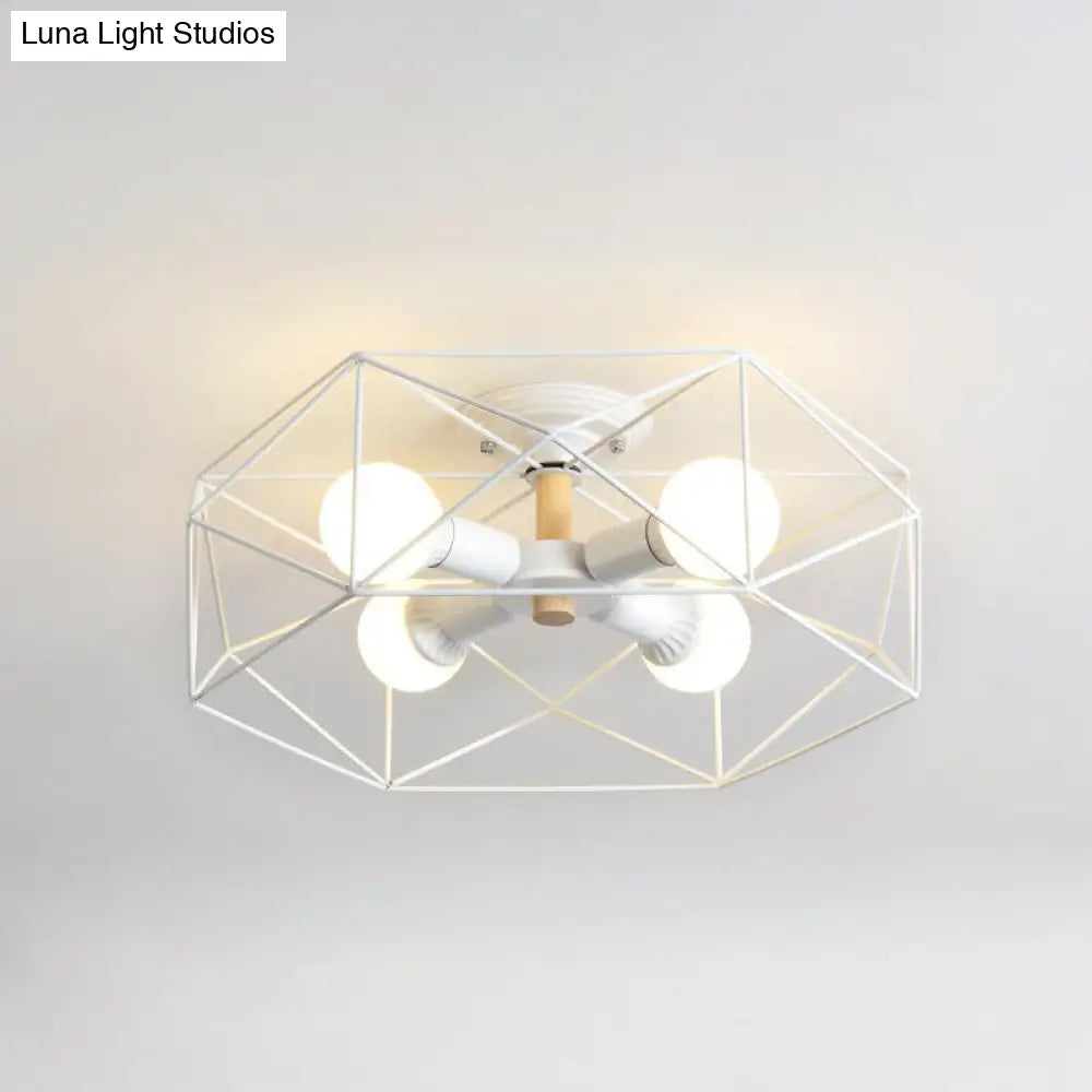 DecorBites™ Caged Opal Glass Semi Mount Industrial Ceiling Light in Black/White - 3/4/5 Bulb Living Room Lighting