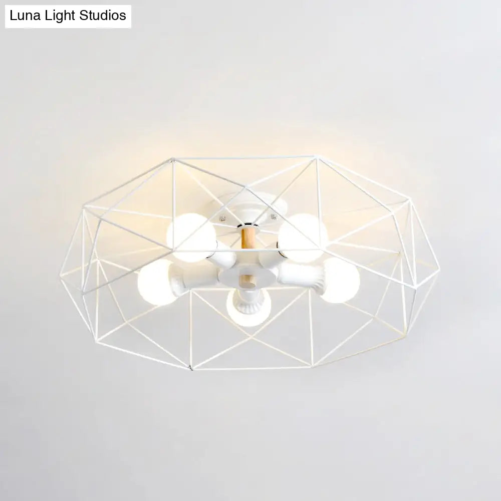 DecorBites™ Caged Opal Glass Semi Mount Industrial Ceiling Light in Black/White - 3/4/5 Bulb Living Room Lighting