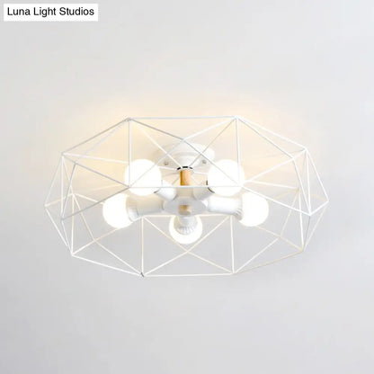 DecorBites™ Caged Opal Glass Semi Mount Industrial Ceiling Light in Black/White - 3/4/5 Bulb Living Room Lighting