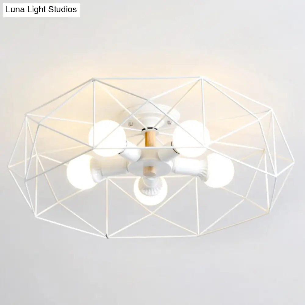 DecorBites™ Caged Opal Glass Semi Mount Industrial Ceiling Light in Black/White - 3/4/5 Bulb Living Room Lighting