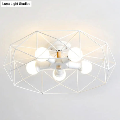 DecorBites™ Caged Opal Glass Semi Mount Industrial Ceiling Light in Black/White - 3/4/5 Bulb Living Room Lighting