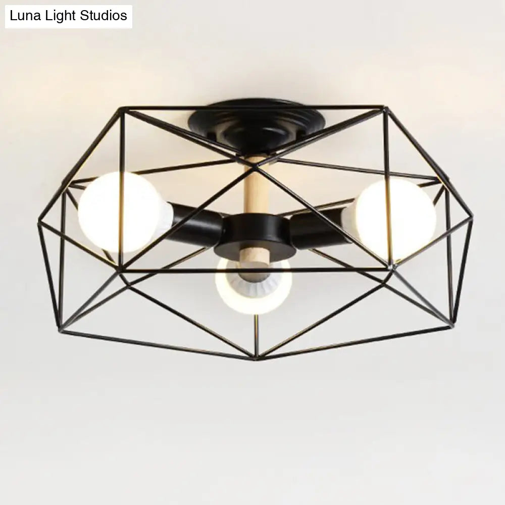 DecorBites™ Caged Opal Glass Semi Mount Industrial Ceiling Light in Black/White - 3/4/5 Bulb Living Room Lighting