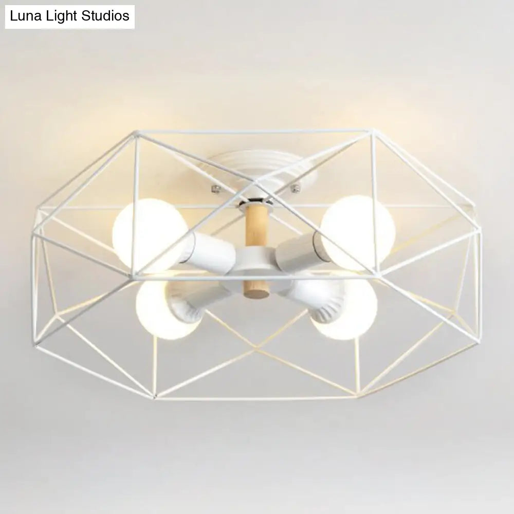 DecorBites™ Caged Opal Glass Semi Mount Industrial Ceiling Light in Black/White - 3/4/5 Bulb Living Room Lighting