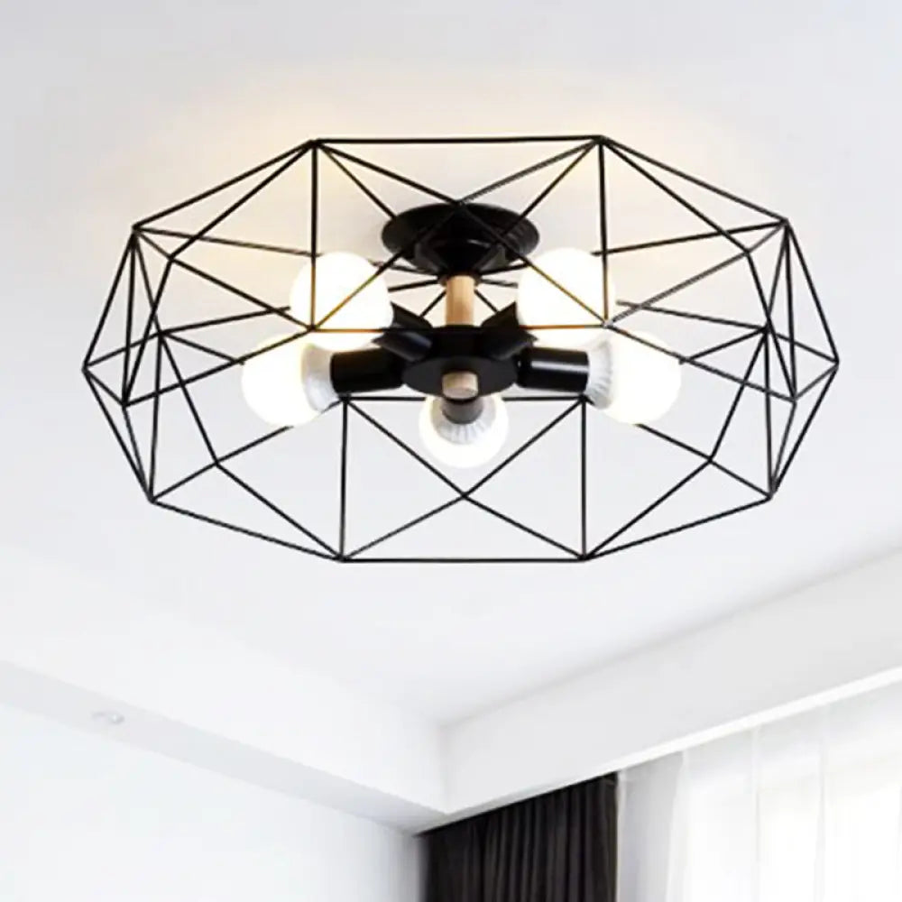 DecorBites™ Caged Opal Glass Semi Mount Industrial Ceiling Light in Black/White - 3/4/5 Bulb Living Room Lighting