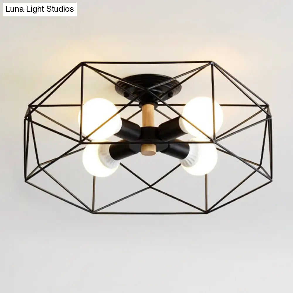 DecorBites™ Caged Opal Glass Semi Mount Industrial Ceiling Light in Black/White - 3/4/5 Bulb Living Room Lighting