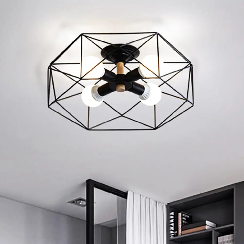 DecorBites™ Caged Opal Glass Semi Mount Industrial Ceiling Light in Black/White - 3/4/5 Bulb Living Room Lighting