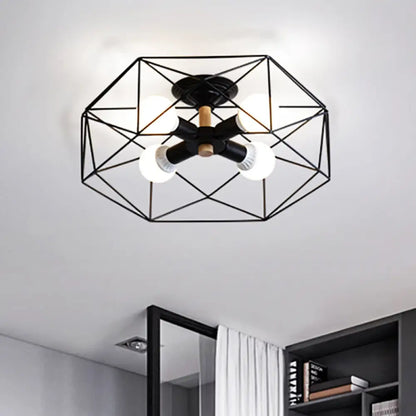 DecorBites™ Caged Opal Glass Semi Mount Industrial Ceiling Light in Black/White - 3/4/5 Bulb Living Room Lighting