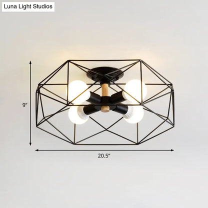 DecorBites™ Caged Opal Glass Semi Mount Industrial Ceiling Light in Black/White - 3/4/5 Bulb Living Room Lighting