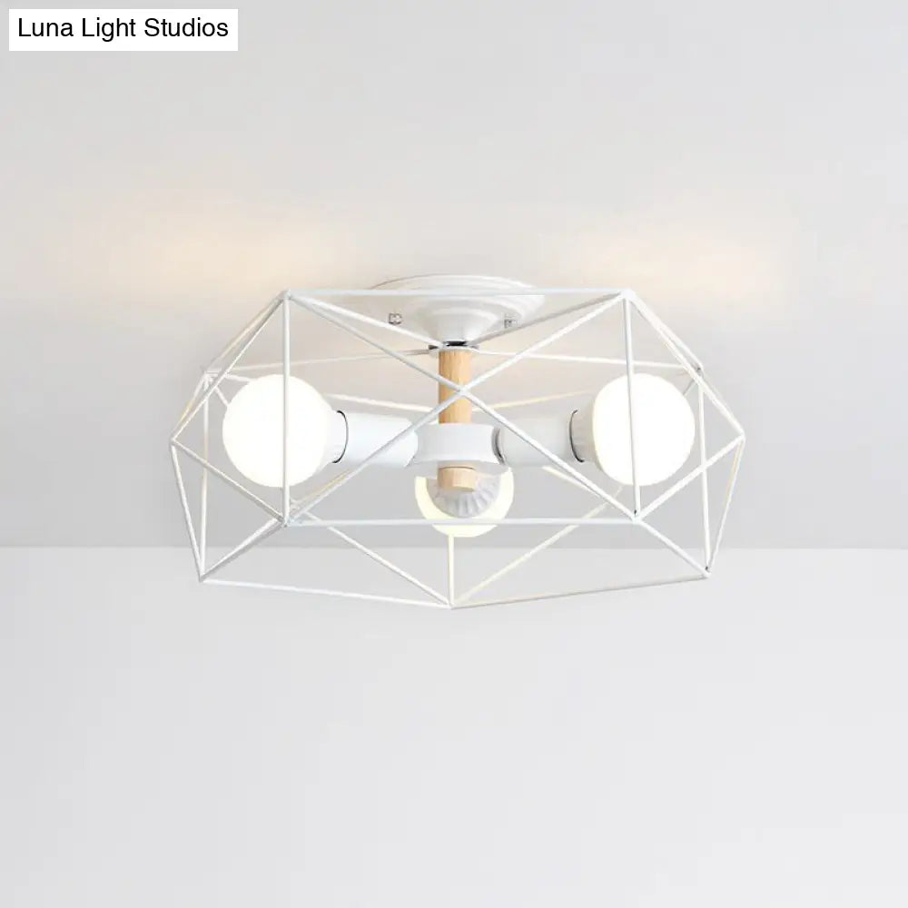 DecorBites™ Caged Opal Glass Semi Mount Industrial Ceiling Light in Black/White - 3/4/5 Bulb Living Room Lighting