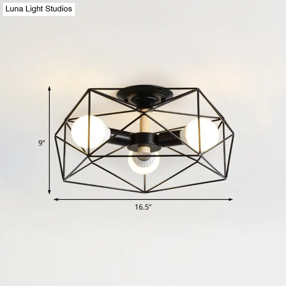 DecorBites™ Caged Opal Glass Semi Mount Industrial Ceiling Light in Black/White - 3/4/5 Bulb Living Room Lighting