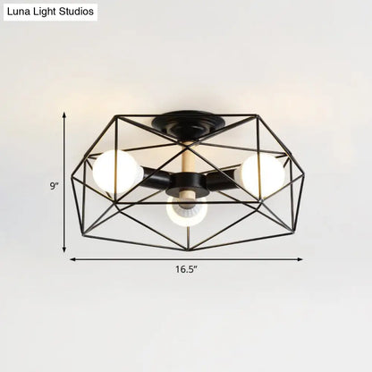 DecorBites™ Caged Opal Glass Semi Mount Industrial Ceiling Light in Black/White - 3/4/5 Bulb Living Room Lighting