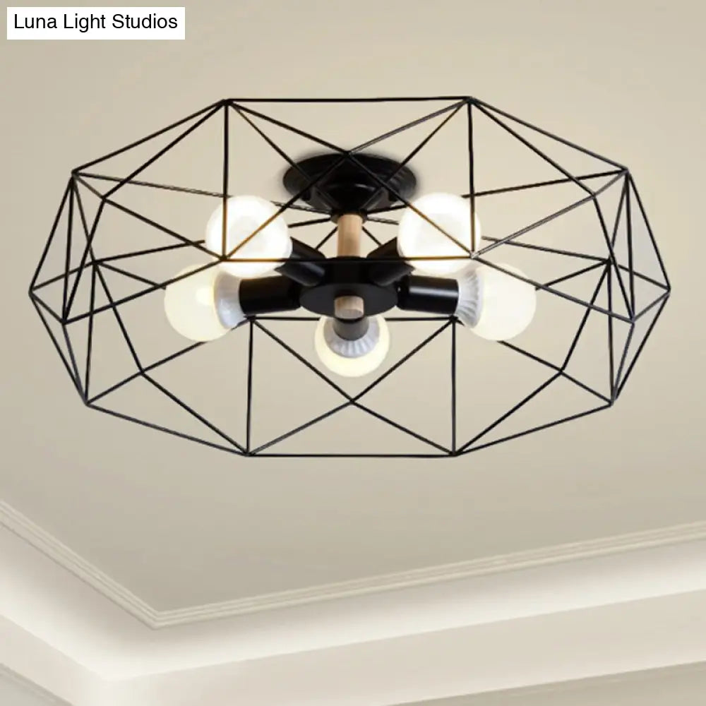 DecorBites™ Caged Opal Glass Semi Mount Industrial Ceiling Light in Black/White - 3/4/5 Bulb Living Room Lighting