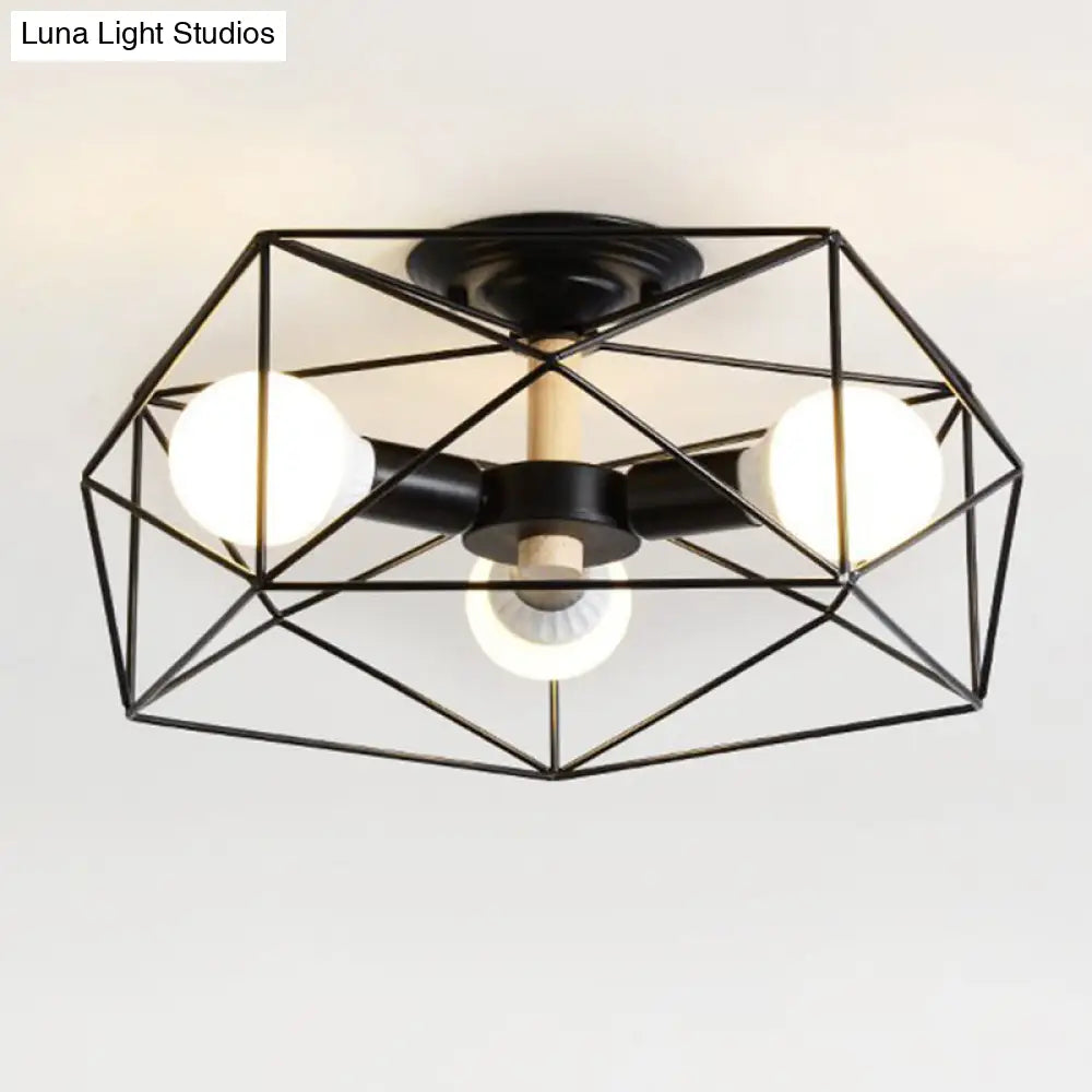 DecorBites™ Caged Opal Glass Semi Mount Industrial Ceiling Light in Black/White - 3/4/5 Bulb Living Room Lighting