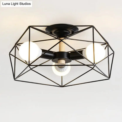 DecorBites™ Caged Opal Glass Semi Mount Industrial Ceiling Light in Black/White - 3/4/5 Bulb Living Room Lighting