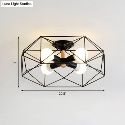 DecorBites™ Caged Opal Glass Semi Mount Industrial Ceiling Light in Black/White - 3/4/5 Bulb Living Room Lighting
