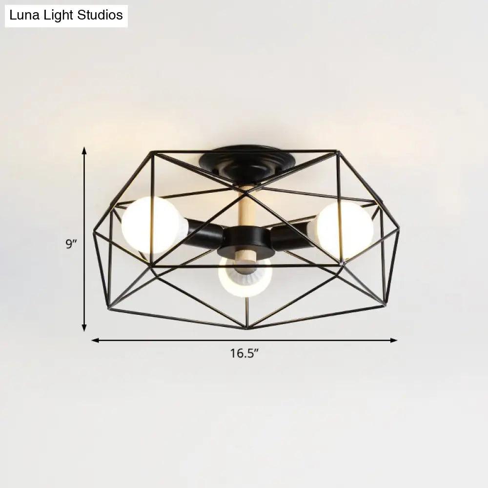 DecorBites™ Caged Opal Glass Semi Mount Industrial Ceiling Light in Black/White - 3/4/5 Bulb Living Room Lighting