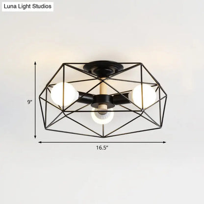 DecorBites™ Caged Opal Glass Semi Mount Industrial Ceiling Light in Black/White - 3/4/5 Bulb Living Room Lighting