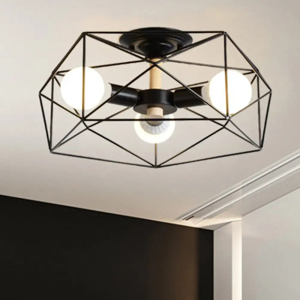 DecorBites™ Caged Opal Glass Semi Mount Industrial Ceiling Light in Black/White - 3/4/5 Bulb Living Room Lighting