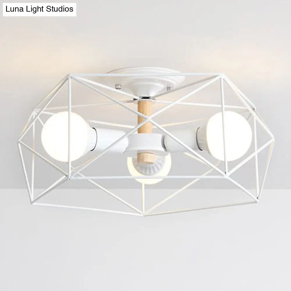 DecorBites™ Caged Opal Glass Semi Mount Industrial Ceiling Light in Black/White - 3/4/5 Bulb Living Room Lighting