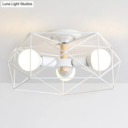 DecorBites™ Caged Opal Glass Semi Mount Industrial Ceiling Light in Black/White - 3/4/5 Bulb Living Room Lighting