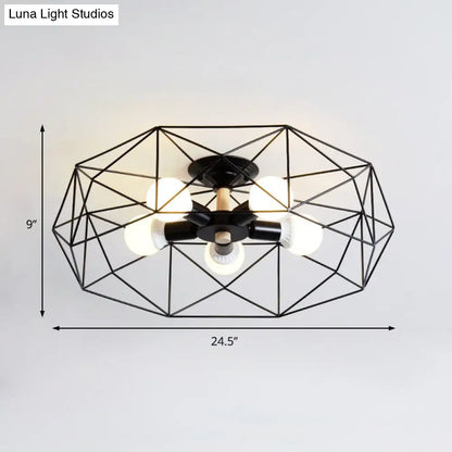 DecorBites™ Caged Opal Glass Semi Mount Industrial Ceiling Light in Black/White - 3/4/5 Bulb Living Room Lighting