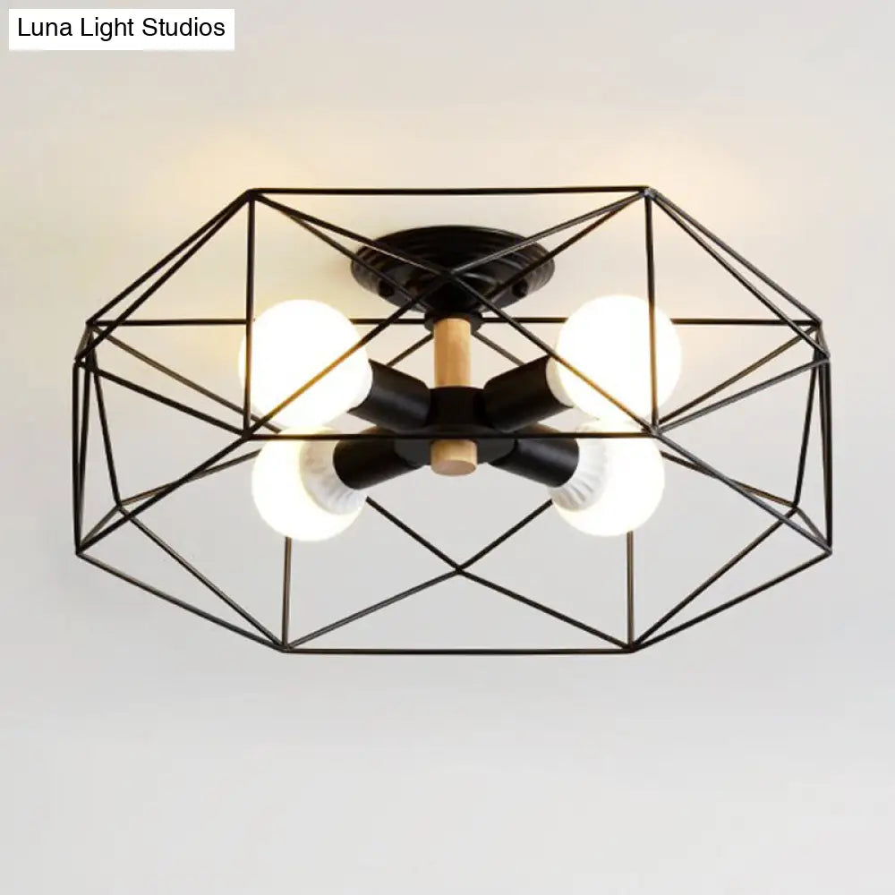 DecorBites™ Caged Opal Glass Semi Mount Industrial Ceiling Light in Black/White - 3/4/5 Bulb Living Room Lighting