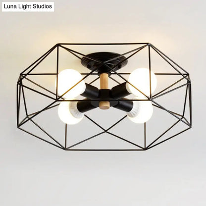 DecorBites™ Caged Opal Glass Semi Mount Industrial Ceiling Light in Black/White - 3/4/5 Bulb Living Room Lighting