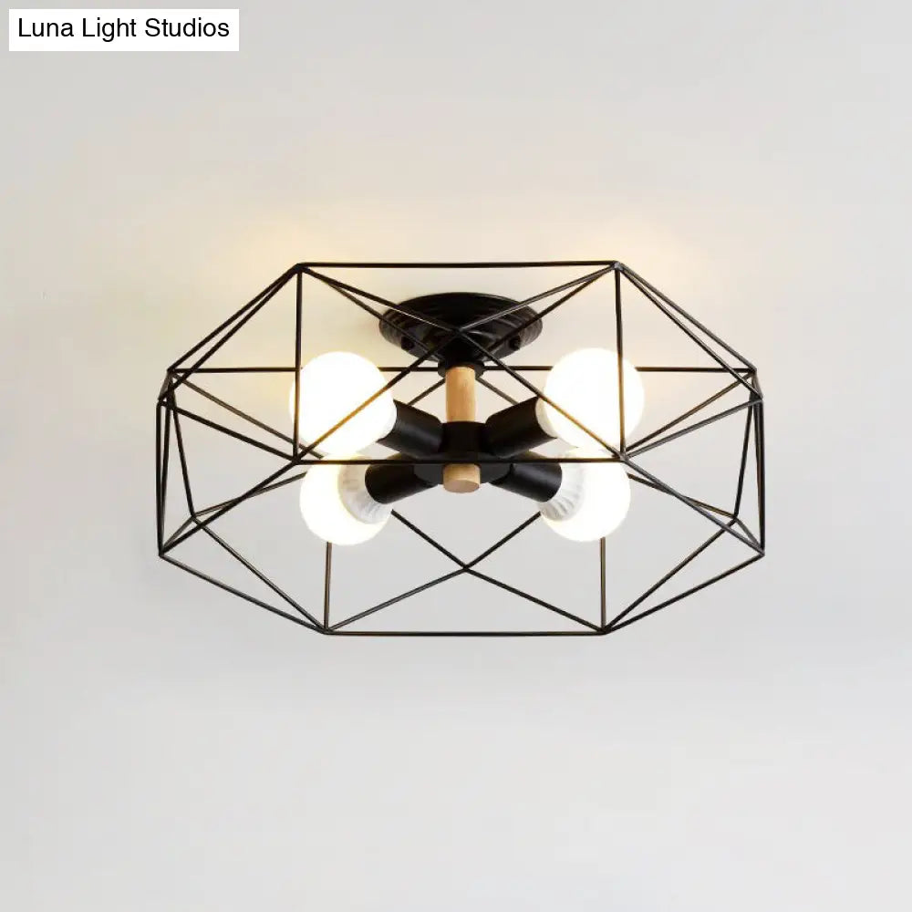 DecorBites™ Caged Opal Glass Semi Mount Industrial Ceiling Light in Black/White - 3/4/5 Bulb Living Room Lighting