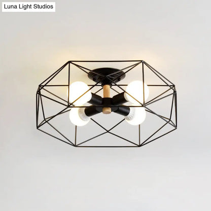 DecorBites™ Caged Opal Glass Semi Mount Industrial Ceiling Light in Black/White - 3/4/5 Bulb Living Room Lighting