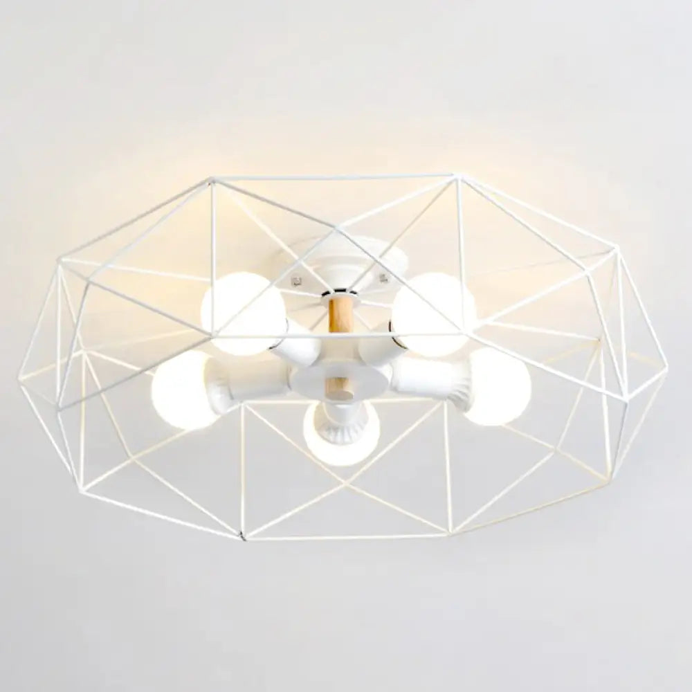 DecorBites™ Caged Opal Glass Semi Mount Industrial Ceiling Light in Black/White - 3/4/5 Bulb Living Room Lighting