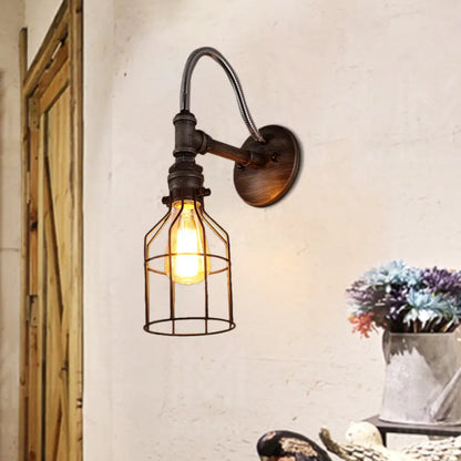 Caged Wall Light with Gooseneck Arm - Rustic Metal Sconce Fixture