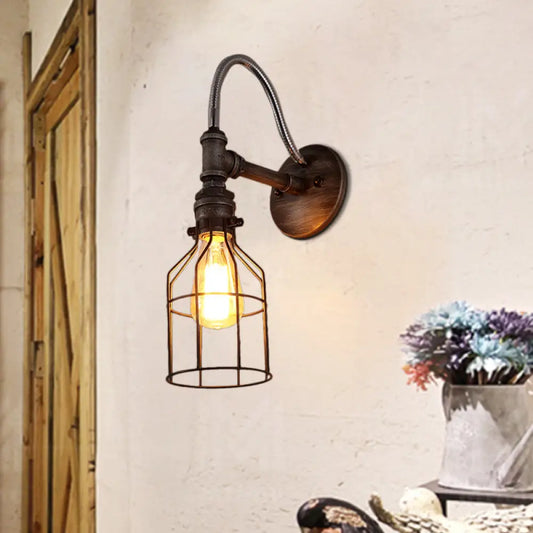 Caged Wall Light with Gooseneck Arm - Rustic Metal Sconce Fixture