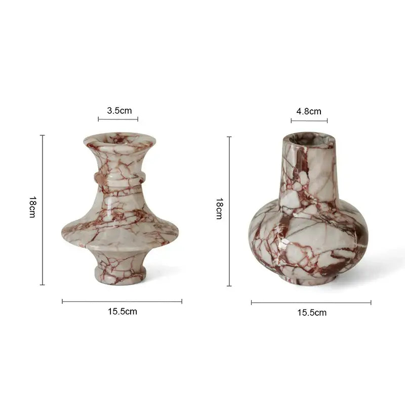 Two elegant decorbites calacatta red marble vases with white and reddish-brown marble pattern for living room decor