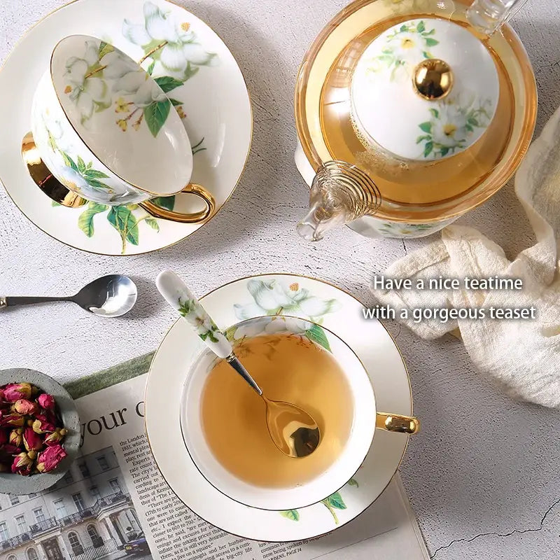 Elegant white porcelain camellia floral tea set with green patterns and gold trim by decorbites for tea service