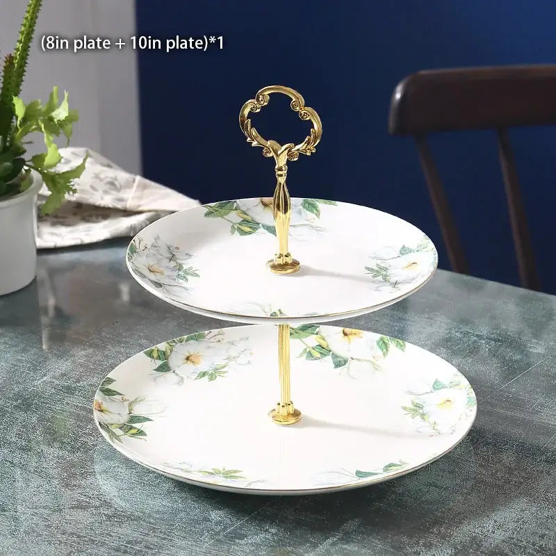 Elegant two-tiered porcelain serving tray with camellia floral tea pattern white and gold decorbites camellia floral tea set