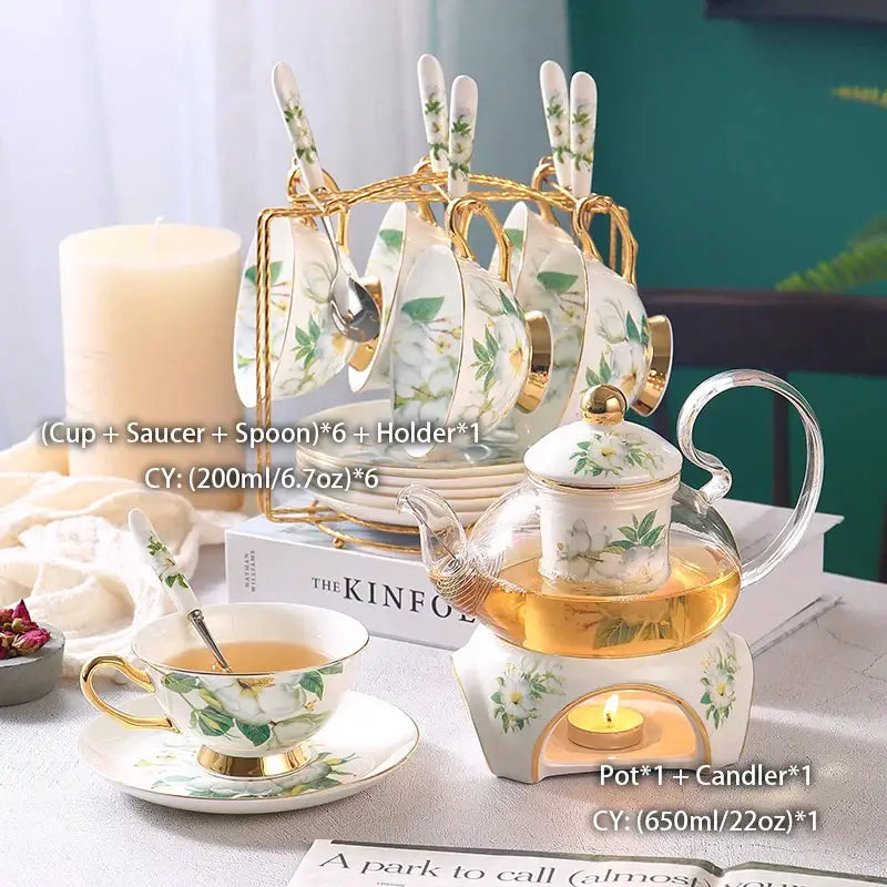Elegant porcelain tea set with white camellia floral patterns and gold trim by decorbites for refined tea service