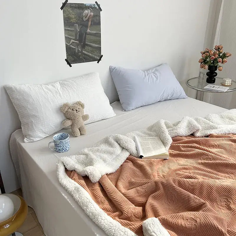 Soft peach-colored fleece blanket with plush white border draped over bed from decorbites camellia jacquard lamb collection