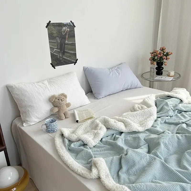 A light blue textured decorbites camellia jacquard lamb wool cozy blanket with plush white fleece border for bedroom decor