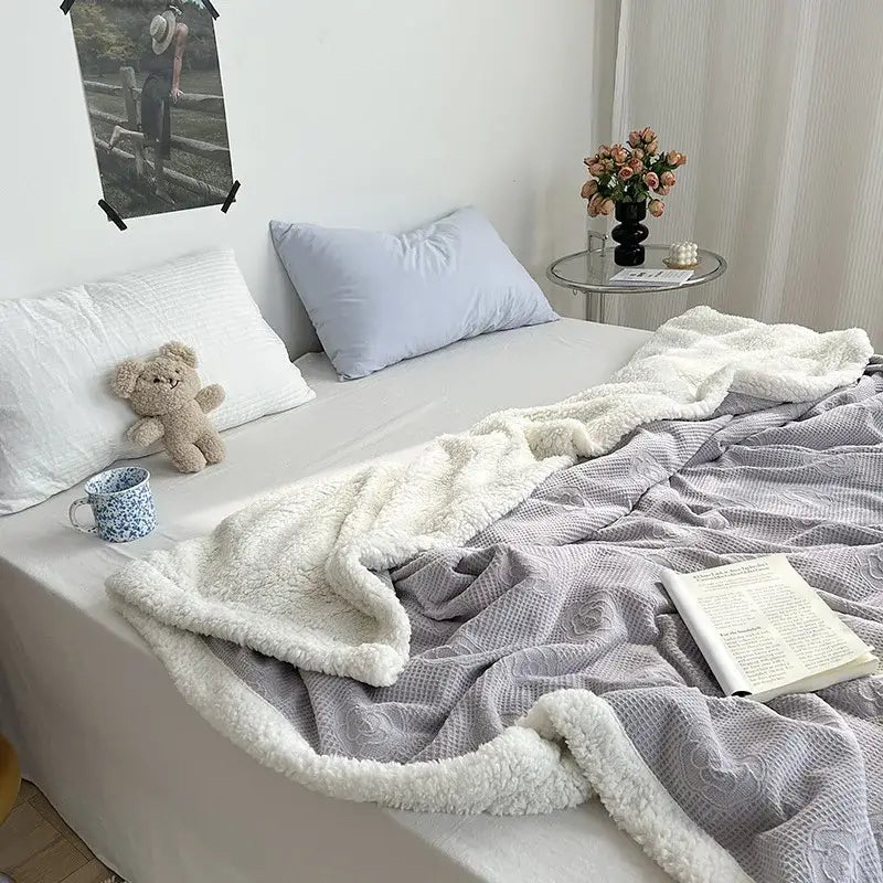 Soft gray and white sherpa blanket with textured waffle weave from decorbites camellia jacquard lamb wool cozy quilt
