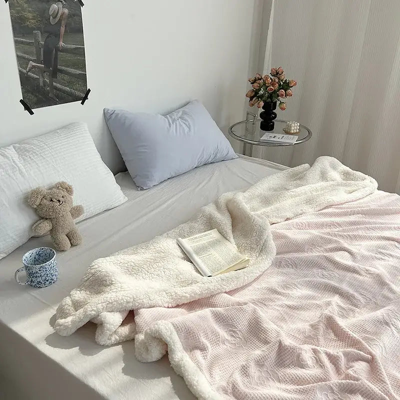 Soft white decorbites camellia jacquard lamb wool cozy blanket draped over bed with pink and light blue pillows