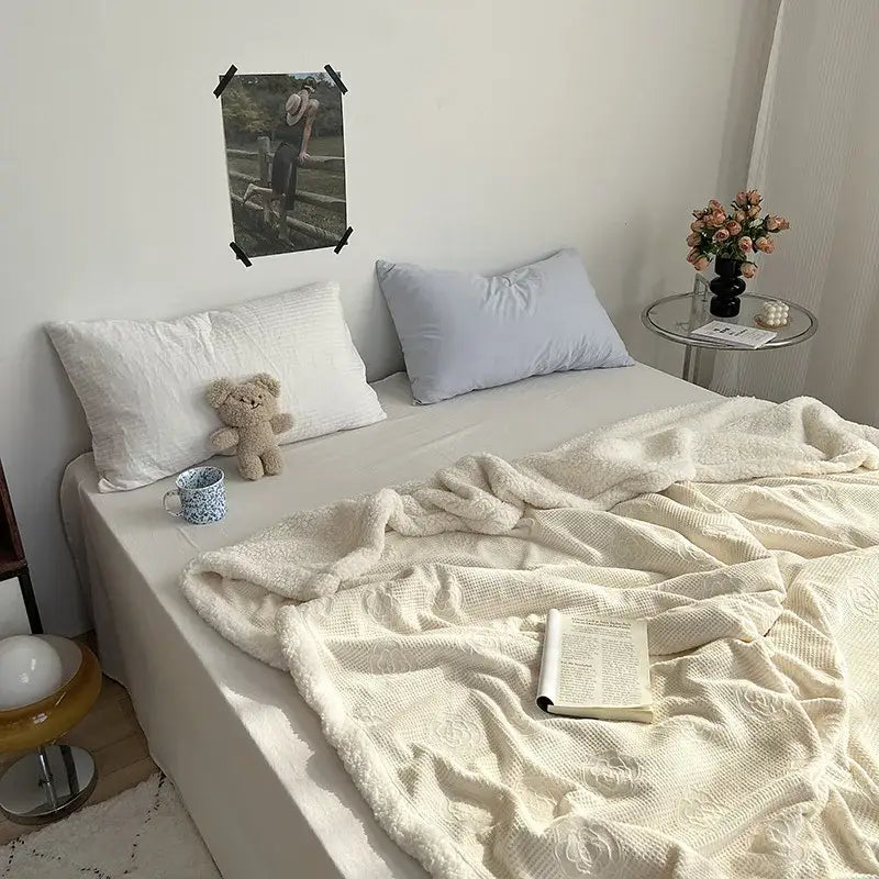 Cream-colored plush decorbites camellia jacquard lamb wool cozy blanket with soft texture for bedroom decor