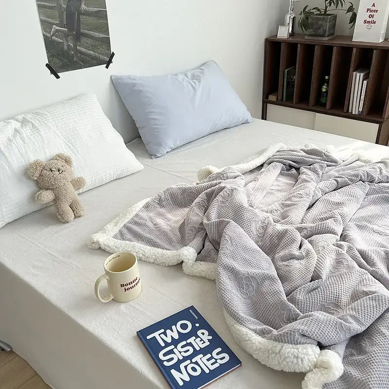 Gray textured throw blanket with white faux fur trim and pom-poms in decorbites camellia jacquard lamb wool style