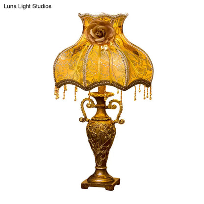 Camila - Gold Traditional Two-Handled Vase Table Lamp 1 Bulb Resin Nightstand Light with Curved Fabric Shade in Gold
