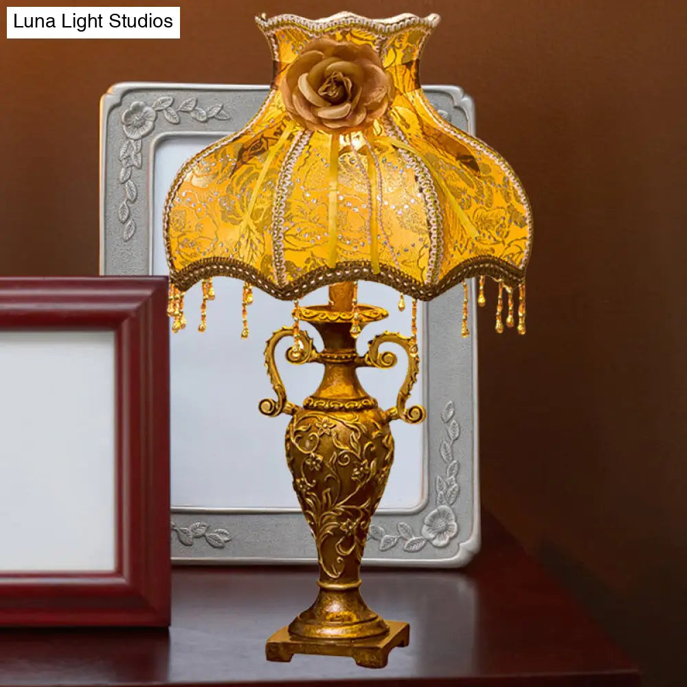 Camila - Gold Traditional Two-Handled Vase Table Lamp 1 Bulb Resin Nightstand Light with Curved Fabric Shade in Gold
