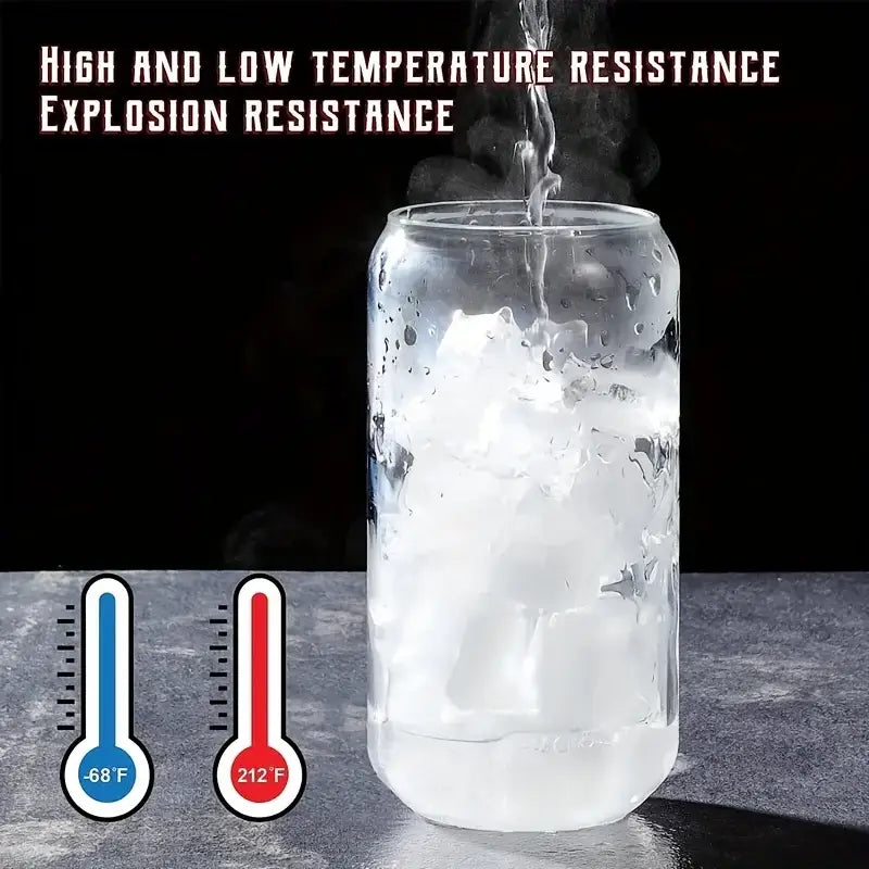 Clear glass canister from glass drinking glasses set filled with ice water showcasing high temperature resistance
