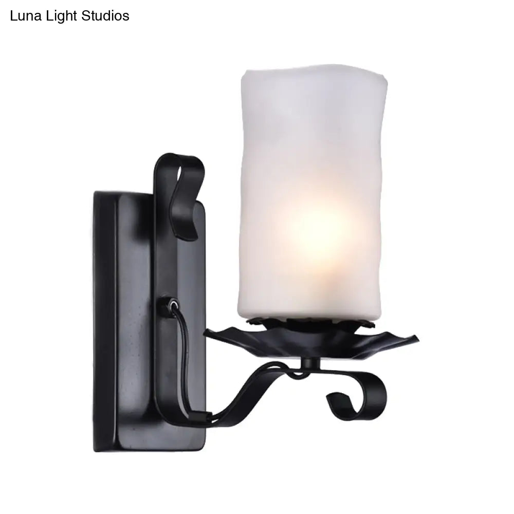 DecorBites™ Candle/Kerosene Wall Lamp with Scroll Arm in Black - Loft Style, White/Brown Glass, 1-bulb